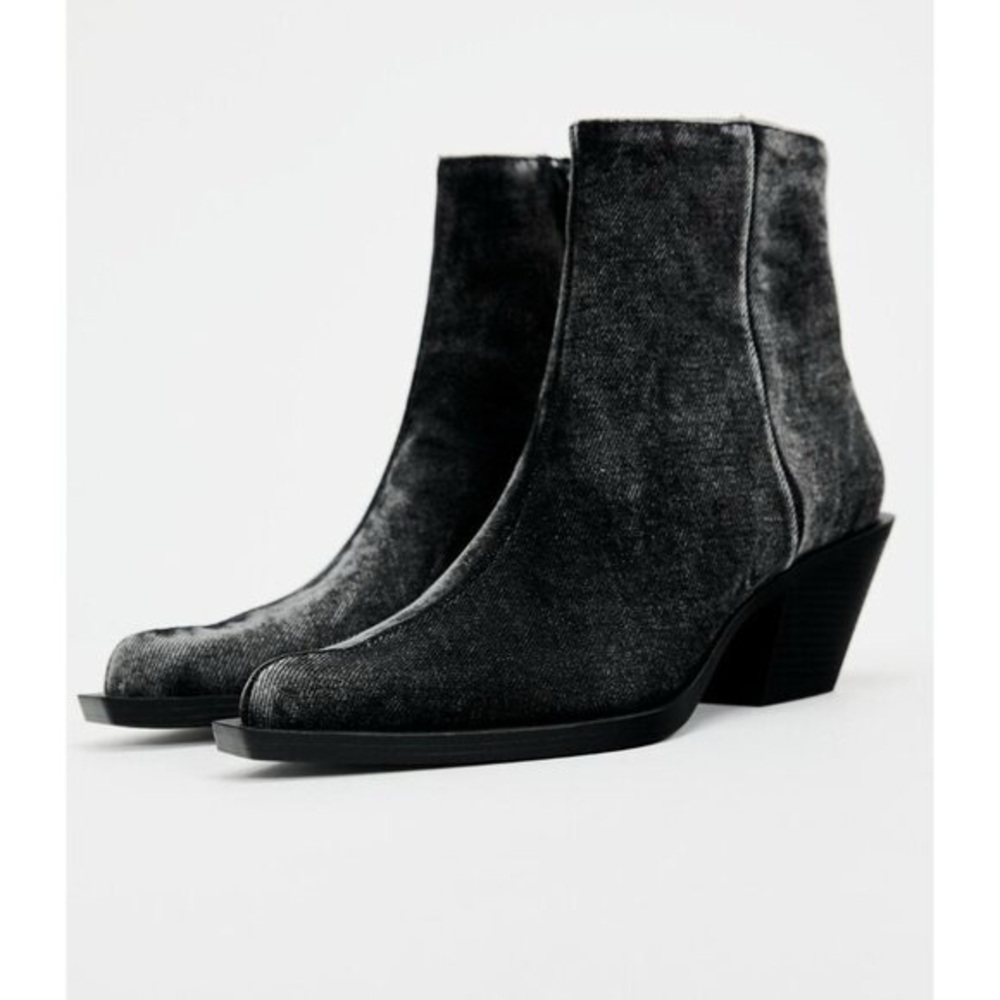 Zara Black Denim Distressed Zip Western Boho Ankle Boot